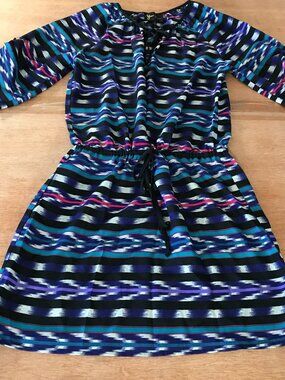 Yumi Kim Mini Dress Women S Blue Geometric Tie Waist Short Sleeve Hippie 18958